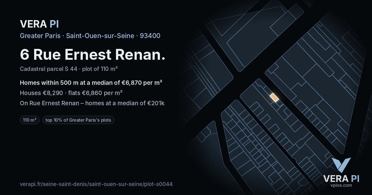 6 Rue Ernest Renan, Saint-Ouen-sur-Seine at night – the plot lit, the parcels around coloured by the prices near them