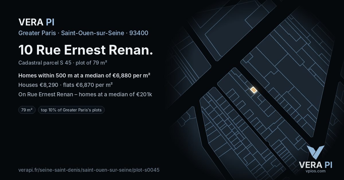 10 Rue Ernest Renan, Saint-Ouen-sur-Seine at night – the plot lit, the parcels around coloured by the prices near them