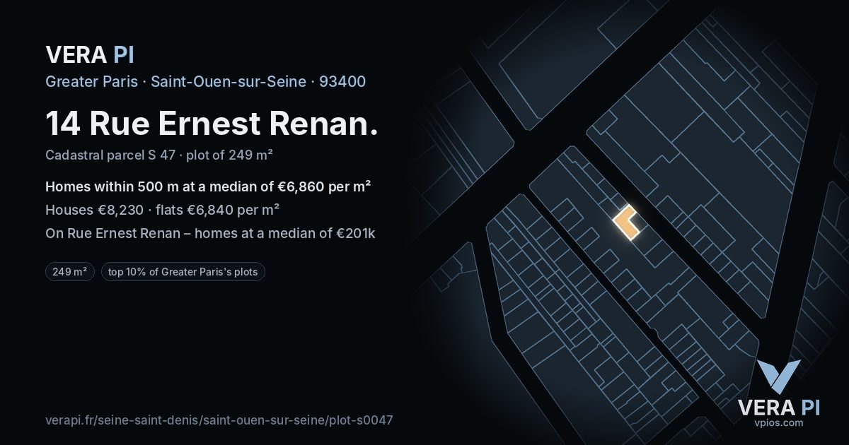 14 Rue Ernest Renan, Saint-Ouen-sur-Seine at night – the plot lit, the parcels around coloured by the prices near them