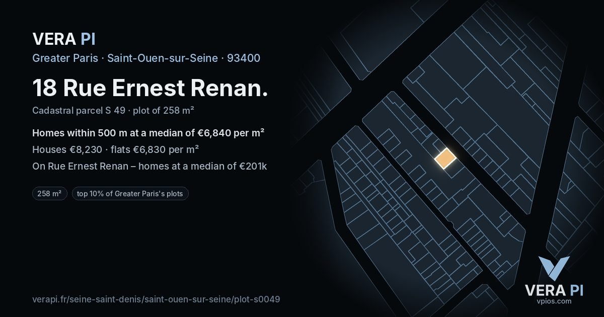 18 Rue Ernest Renan, Saint-Ouen-sur-Seine at night – the plot lit, the parcels around coloured by the prices near them