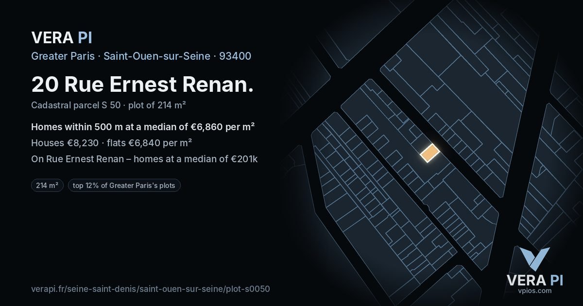20 Rue Ernest Renan, Saint-Ouen-sur-Seine at night – the plot lit, the parcels around coloured by the prices near them