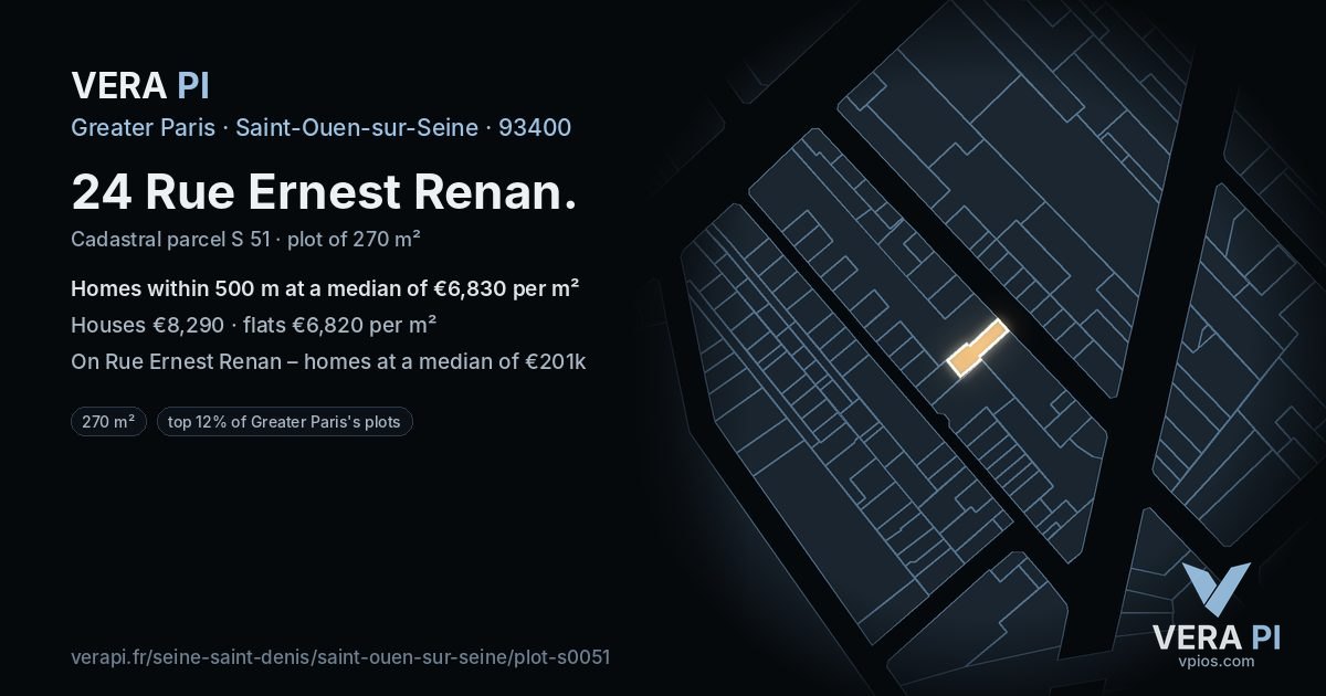 24 Rue Ernest Renan, Saint-Ouen-sur-Seine at night – the plot lit, the parcels around coloured by the prices near them