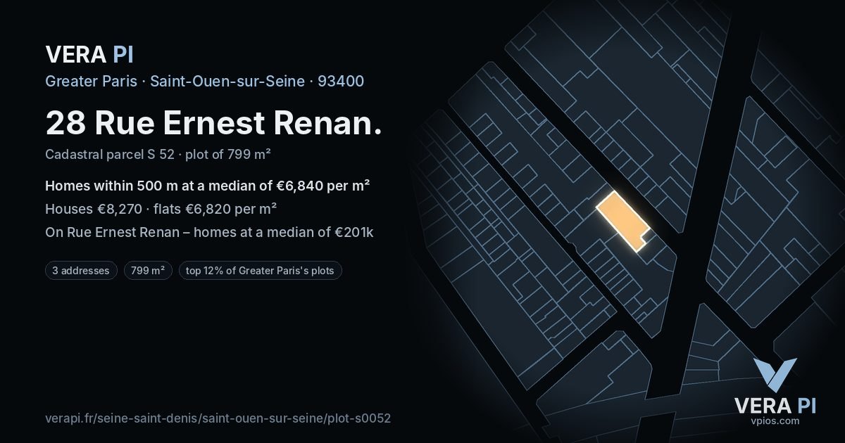 28 Rue Ernest Renan, Saint-Ouen-sur-Seine at night – the plot lit, the parcels around coloured by the prices near them