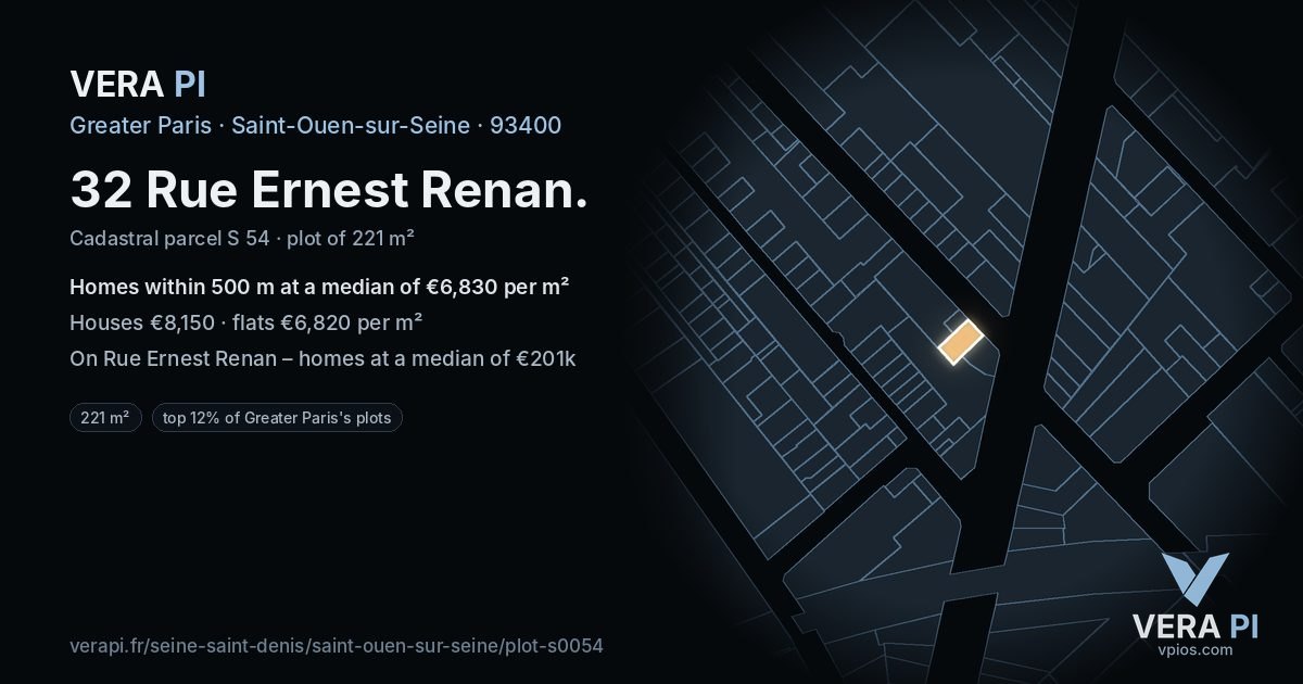 32 Rue Ernest Renan, Saint-Ouen-sur-Seine at night – the plot lit, the parcels around coloured by the prices near them