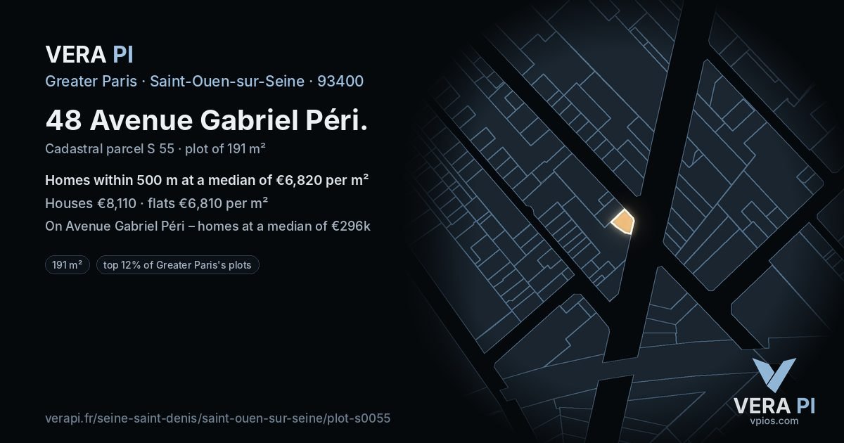 48 Avenue Gabriel Péri, Saint-Ouen-sur-Seine at night – the plot lit, the parcels around coloured by the prices near them