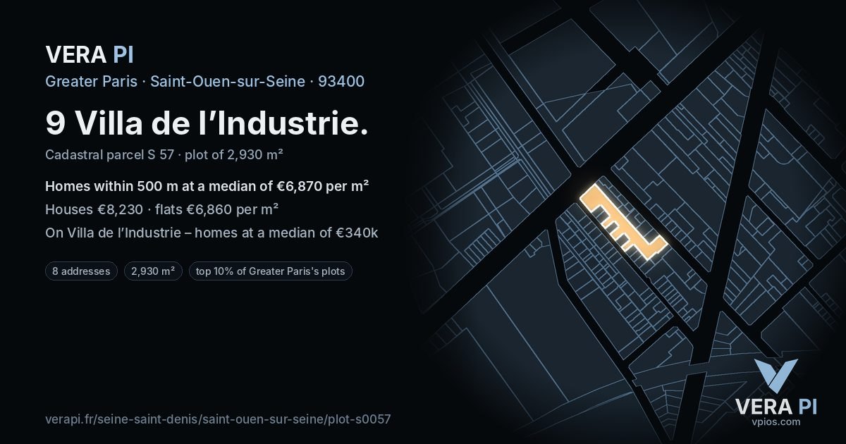 9 Villa de l’Industrie, Saint-Ouen-sur-Seine at night – the plot lit, the parcels around coloured by the prices near them