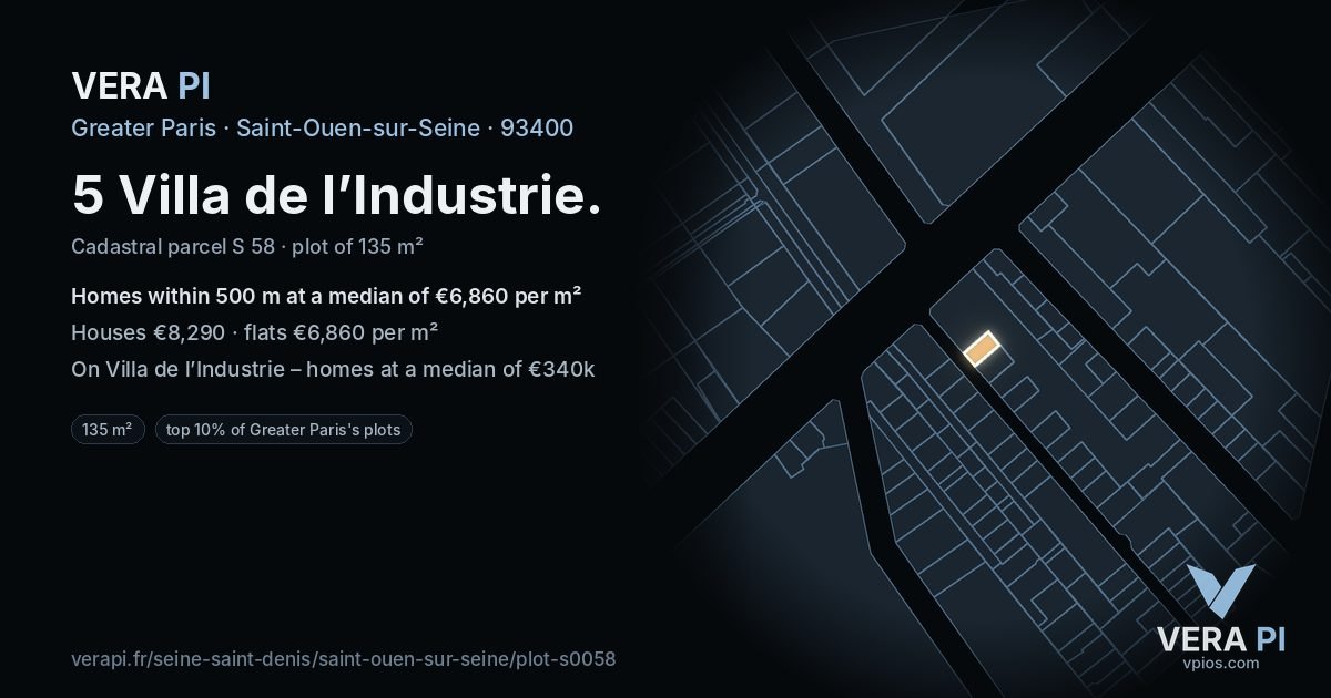 5 Villa de l’Industrie, Saint-Ouen-sur-Seine at night – the plot lit, the parcels around coloured by the prices near them