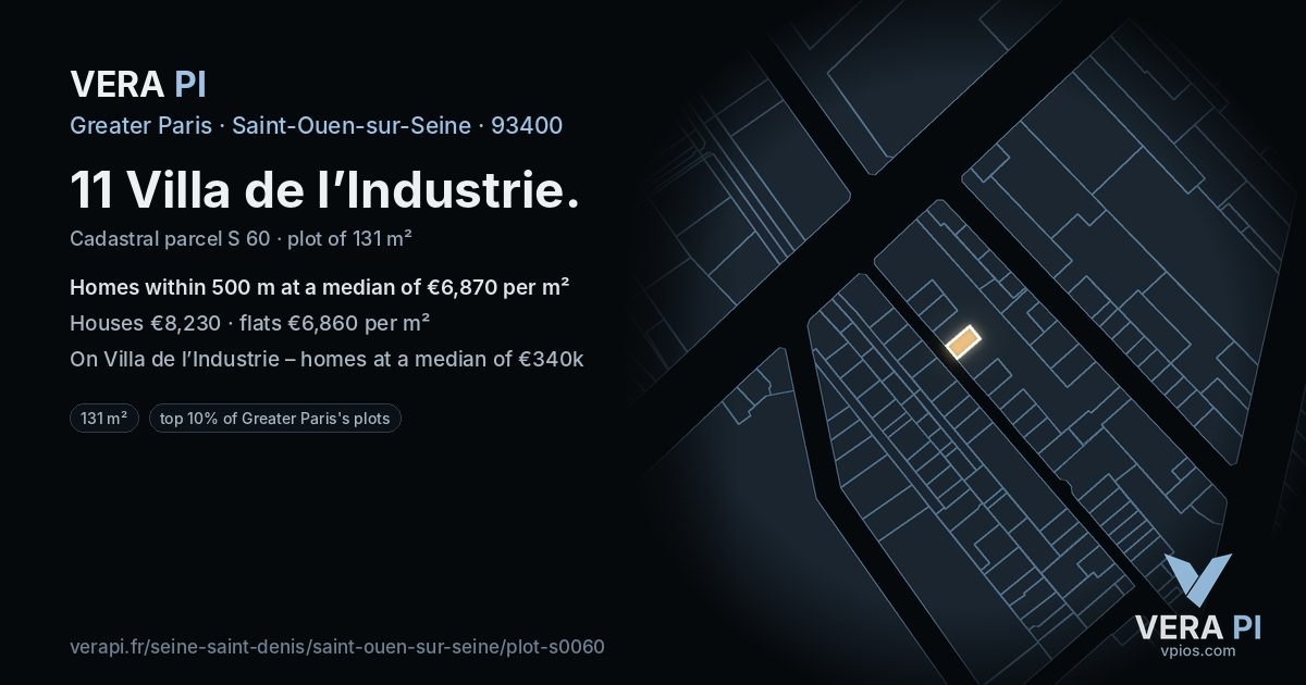 11 Villa de l’Industrie, Saint-Ouen-sur-Seine at night – the plot lit, the parcels around coloured by the prices near them