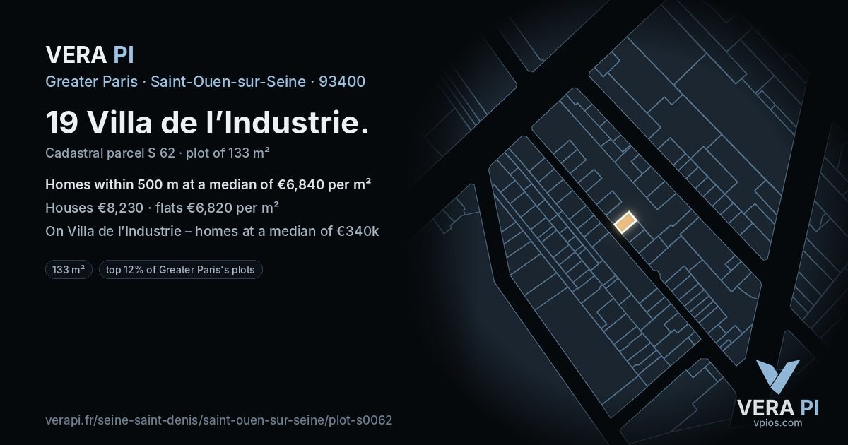 19 Villa de l’Industrie, Saint-Ouen-sur-Seine at night – the plot lit, the parcels around coloured by the prices near them