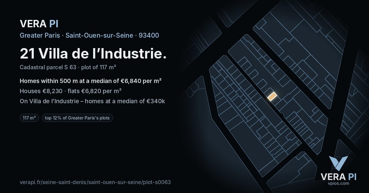21 Villa de l’Industrie, Saint-Ouen-sur-Seine at night – the plot lit, the parcels around coloured by the prices near them
