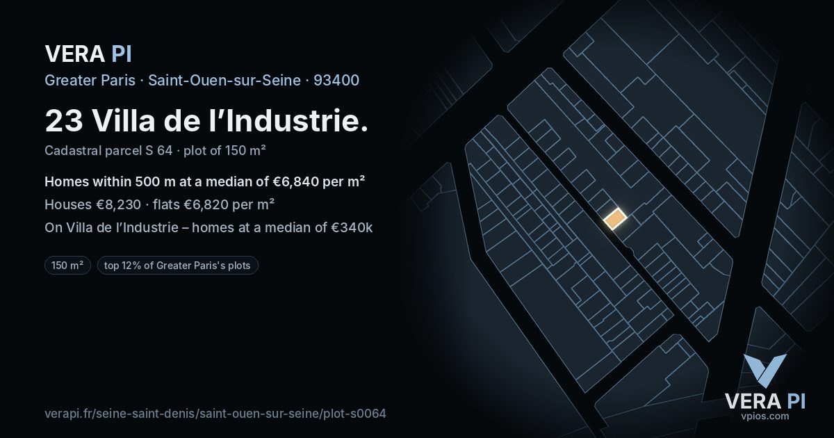 23 Villa de l’Industrie, Saint-Ouen-sur-Seine at night – the plot lit, the parcels around coloured by the prices near them
