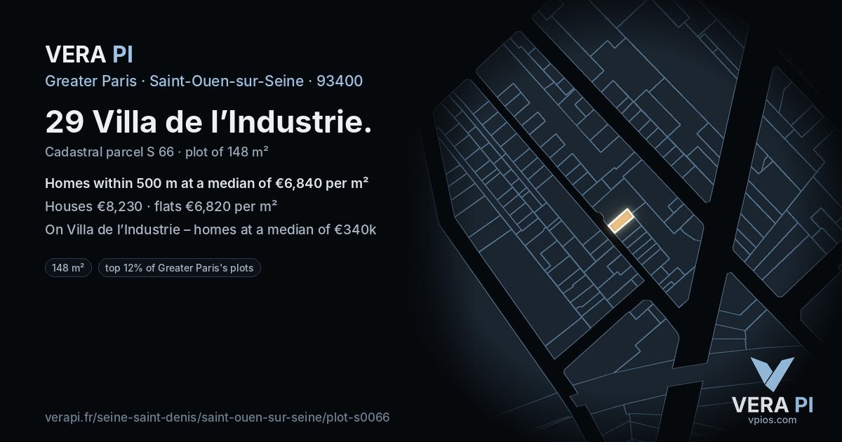 29 Villa de l’Industrie, Saint-Ouen-sur-Seine at night – the plot lit, the parcels around coloured by the prices near them