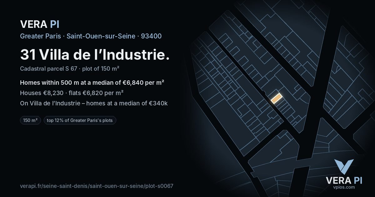 31 Villa de l’Industrie, Saint-Ouen-sur-Seine at night – the plot lit, the parcels around coloured by the prices near them