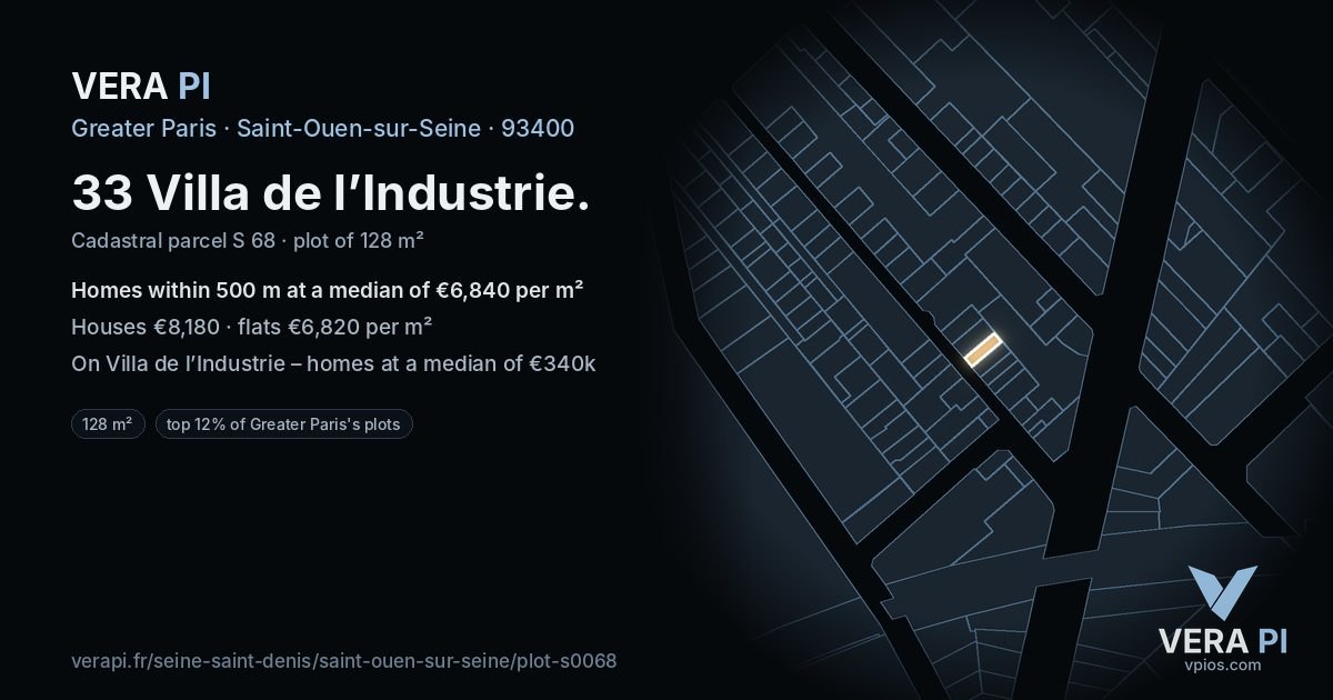 33 Villa de l’Industrie, Saint-Ouen-sur-Seine at night – the plot lit, the parcels around coloured by the prices near them