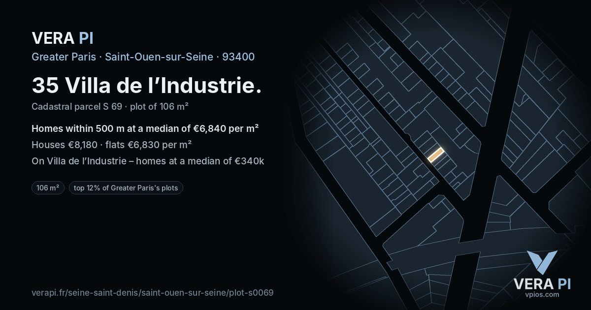 35 Villa de l’Industrie, Saint-Ouen-sur-Seine at night – the plot lit, the parcels around coloured by the prices near them