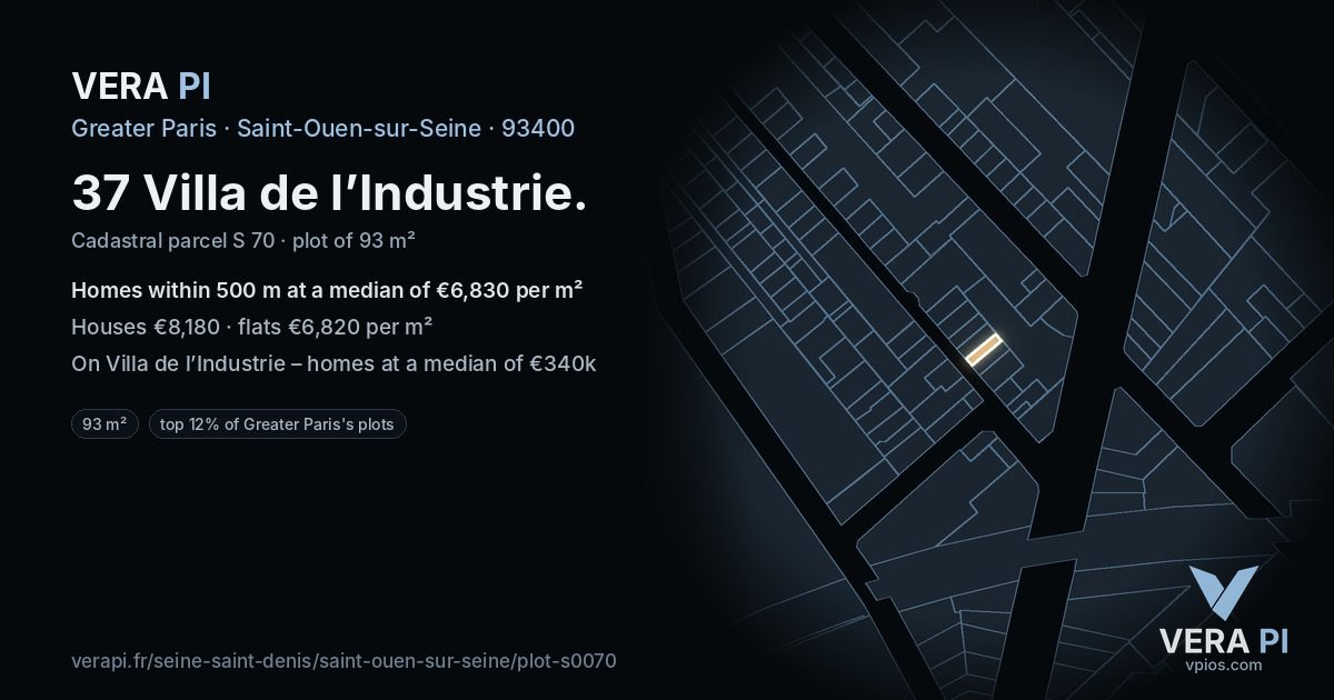 37 Villa de l’Industrie, Saint-Ouen-sur-Seine at night – the plot lit, the parcels around coloured by the prices near them