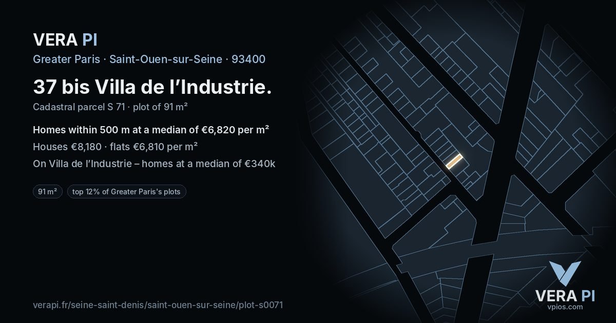 37 bis Villa de l’Industrie, Saint-Ouen-sur-Seine at night – the plot lit, the parcels around coloured by the prices near them