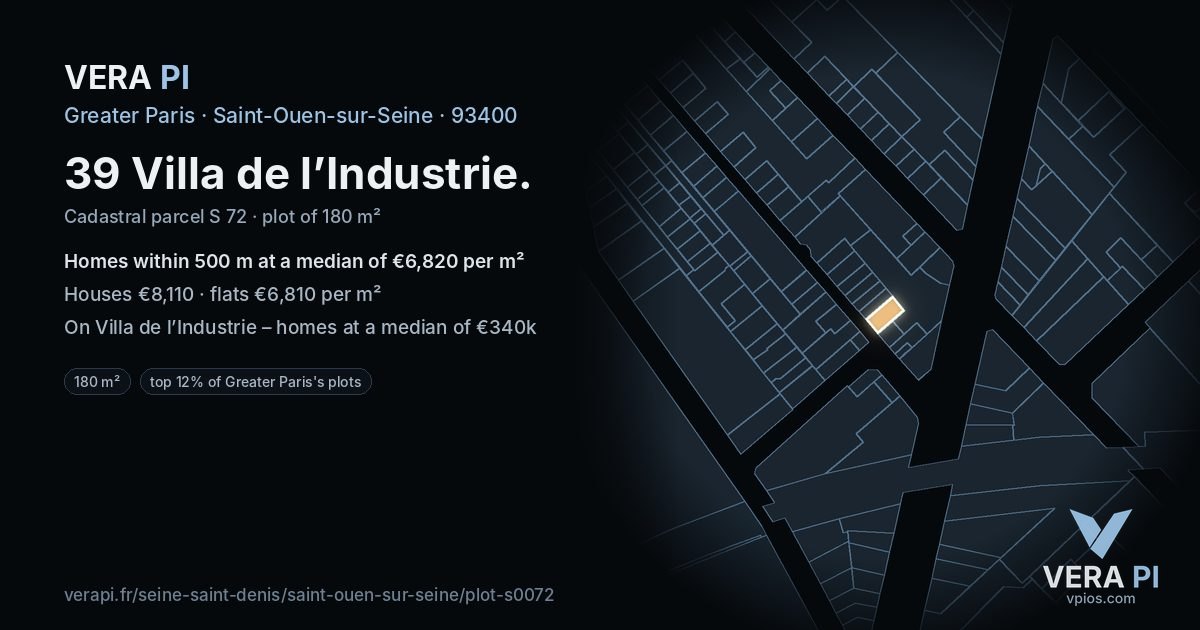 39 Villa de l’Industrie, Saint-Ouen-sur-Seine at night – the plot lit, the parcels around coloured by the prices near them