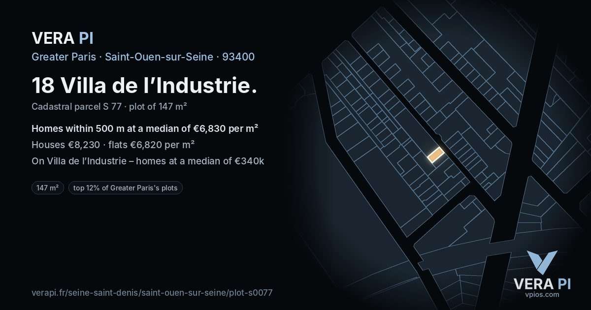 18 Villa de l’Industrie, Saint-Ouen-sur-Seine at night – the plot lit, the parcels around coloured by the prices near them