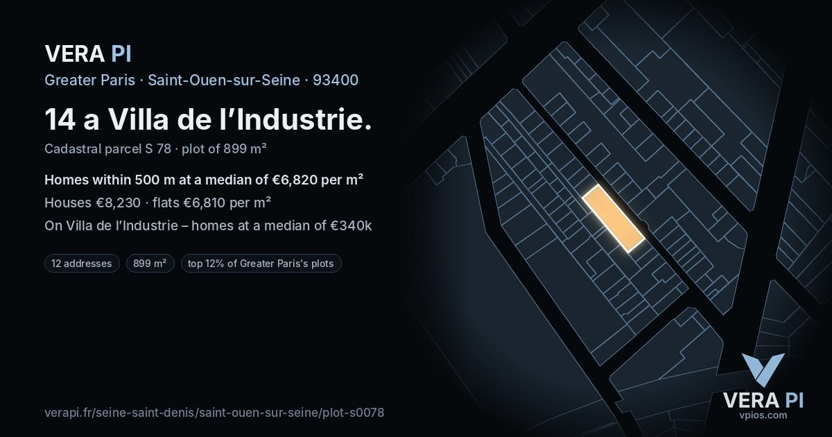14 a Villa de l’Industrie, Saint-Ouen-sur-Seine at night – the plot lit, the parcels around coloured by the prices near them