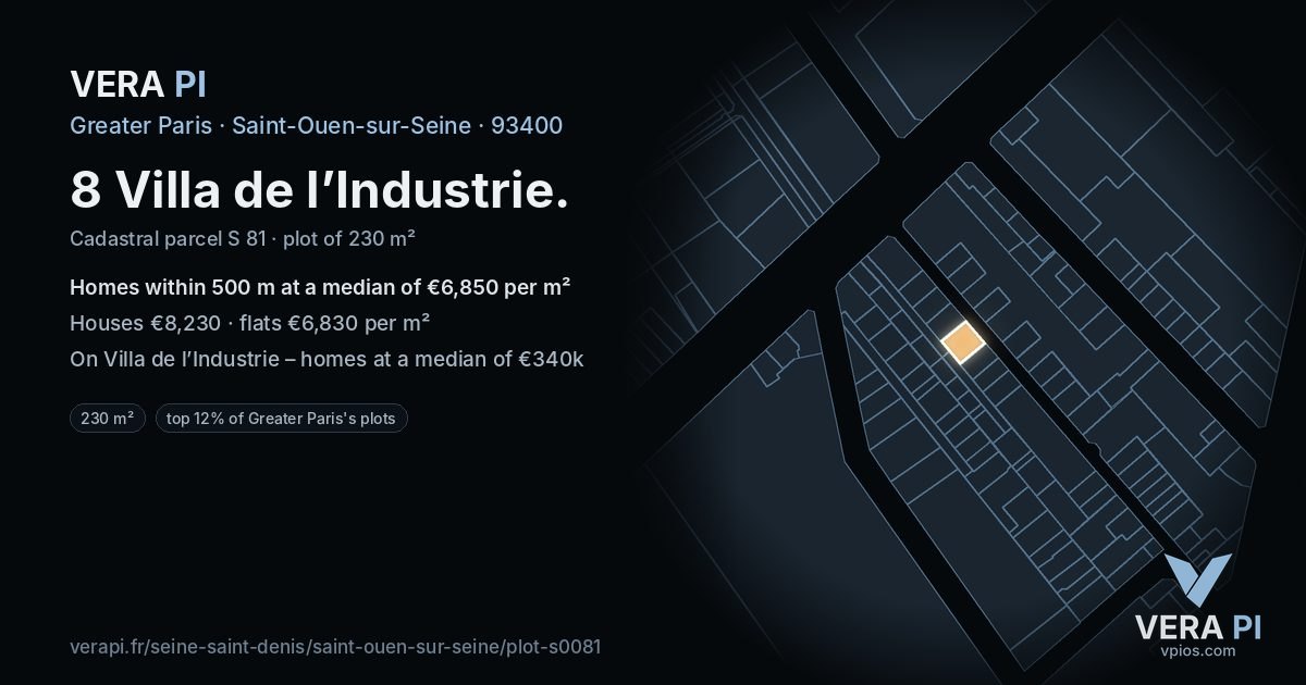 8 Villa de l’Industrie, Saint-Ouen-sur-Seine at night – the plot lit, the parcels around coloured by the prices near them