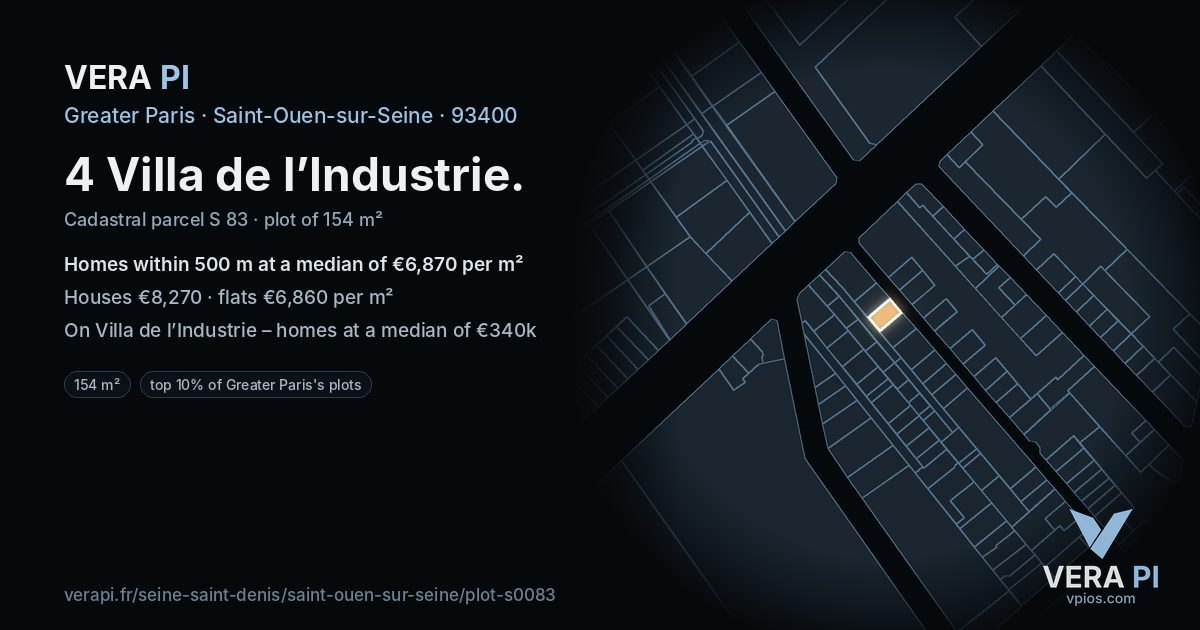 4 Villa de l’Industrie, Saint-Ouen-sur-Seine at night – the plot lit, the parcels around coloured by the prices near them
