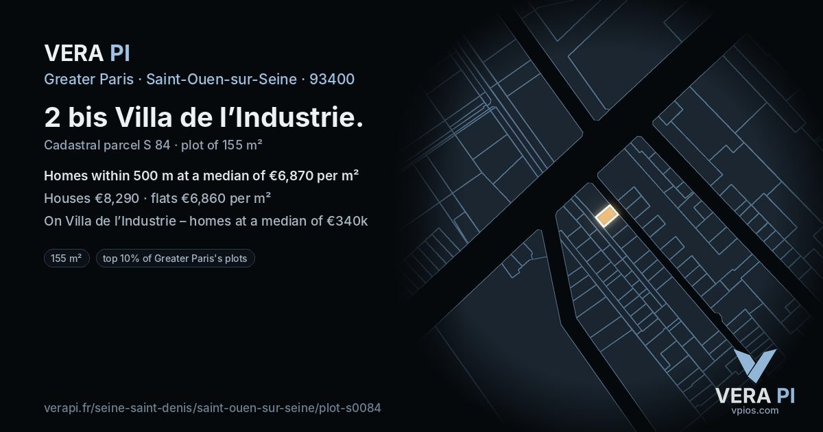 2 bis Villa de l’Industrie, Saint-Ouen-sur-Seine at night – the plot lit, the parcels around coloured by the prices near them