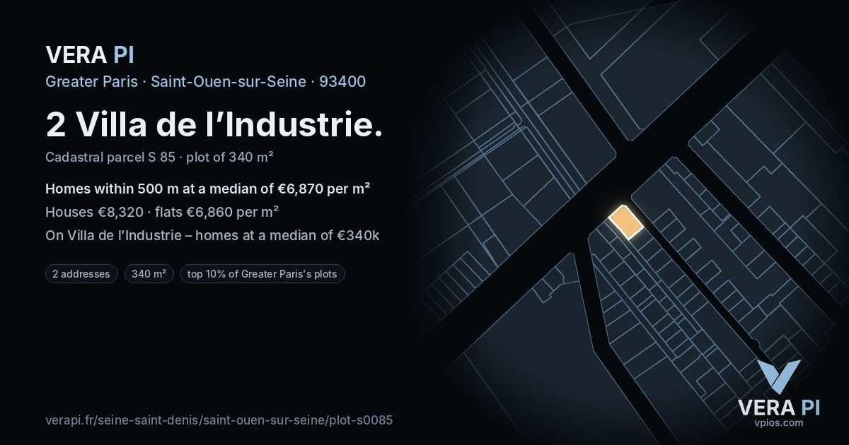 2 Villa de l’Industrie, Saint-Ouen-sur-Seine at night – the plot lit, the parcels around coloured by the prices near them