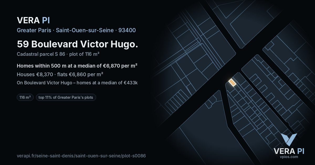 59 Boulevard Victor Hugo, Saint-Ouen-sur-Seine at night – the plot lit, the parcels around coloured by the prices near them