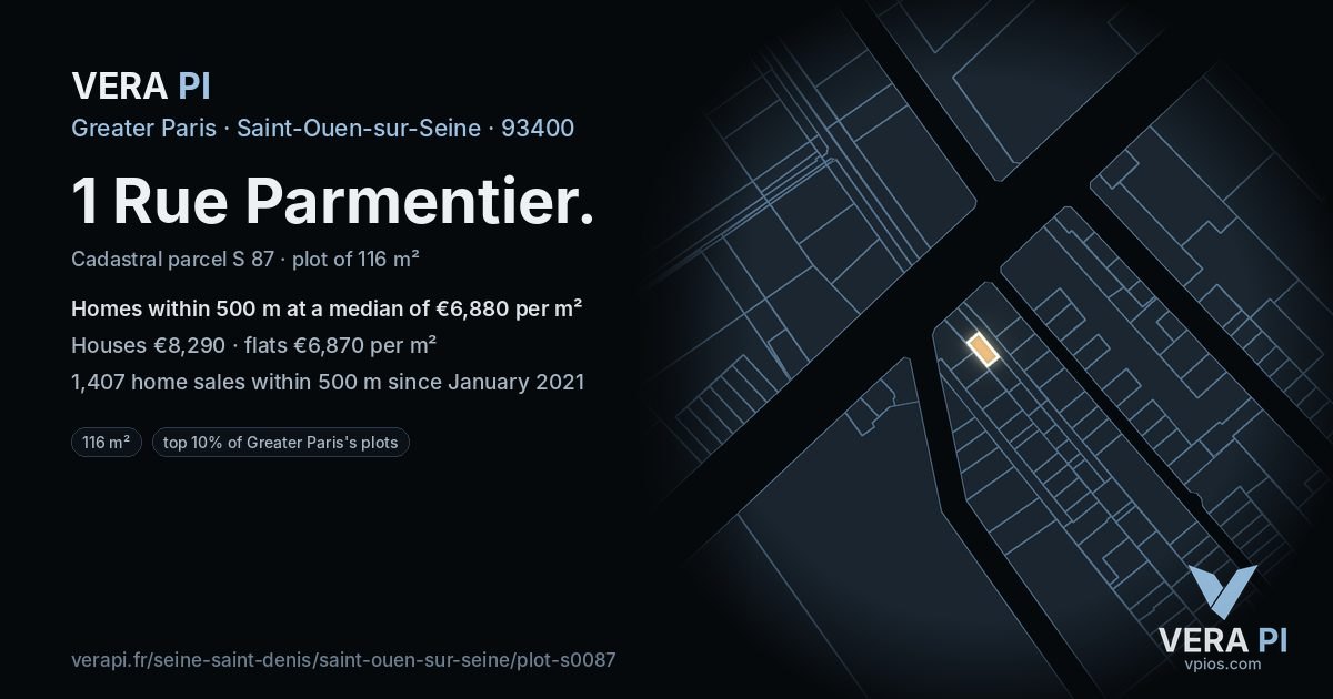 1 Rue Parmentier, Saint-Ouen-sur-Seine at night – the plot lit, the parcels around coloured by the prices near them