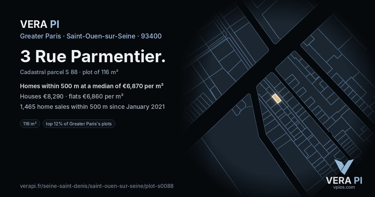 3 Rue Parmentier, Saint-Ouen-sur-Seine at night – the plot lit, the parcels around coloured by the prices near them