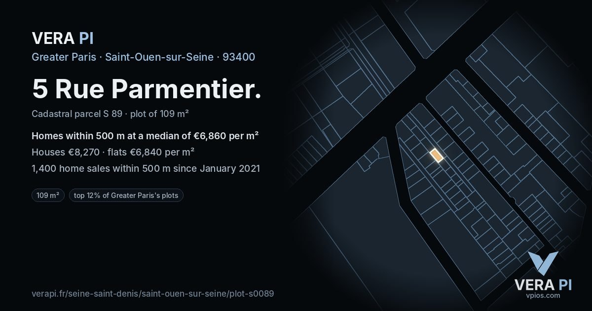 5 Rue Parmentier, Saint-Ouen-sur-Seine at night – the plot lit, the parcels around coloured by the prices near them