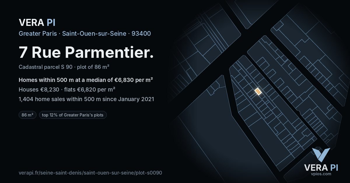 7 Rue Parmentier, Saint-Ouen-sur-Seine at night – the plot lit, the parcels around coloured by the prices near them
