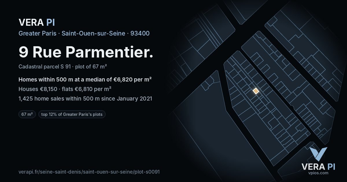 9 Rue Parmentier, Saint-Ouen-sur-Seine at night – the plot lit, the parcels around coloured by the prices near them