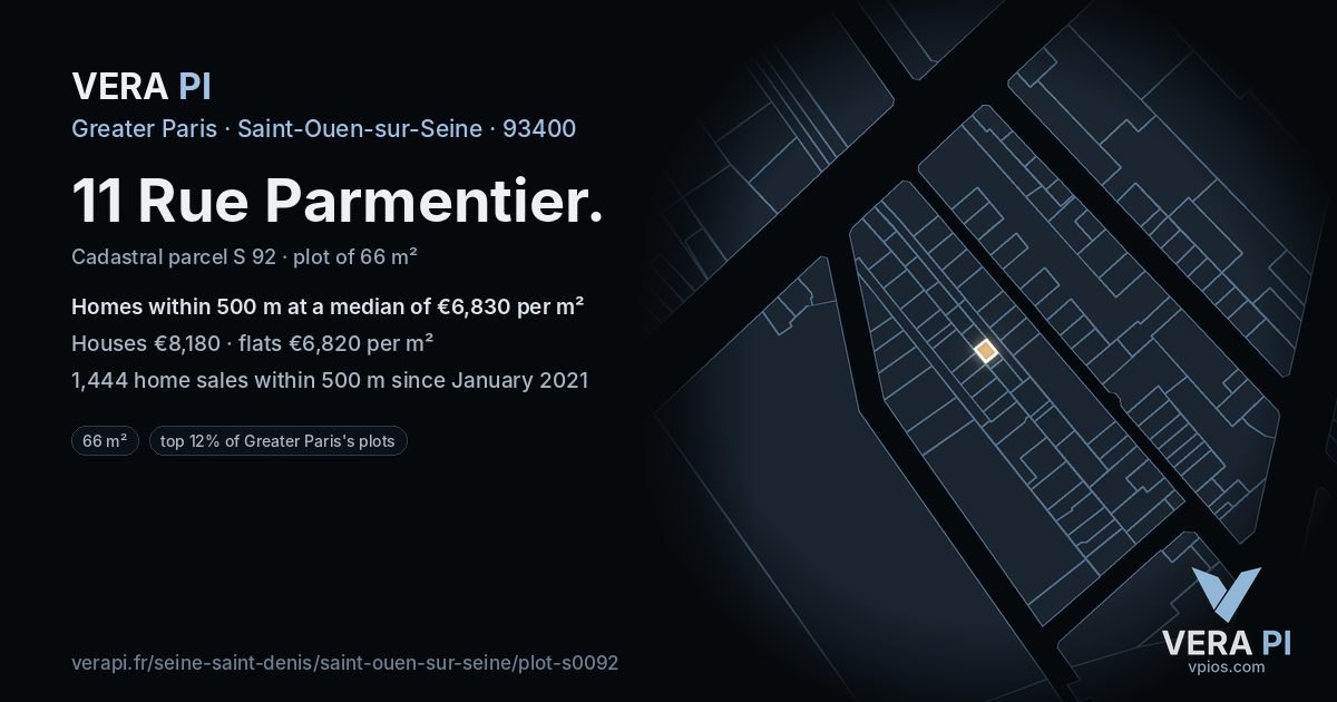 11 Rue Parmentier, Saint-Ouen-sur-Seine at night – the plot lit, the parcels around coloured by the prices near them