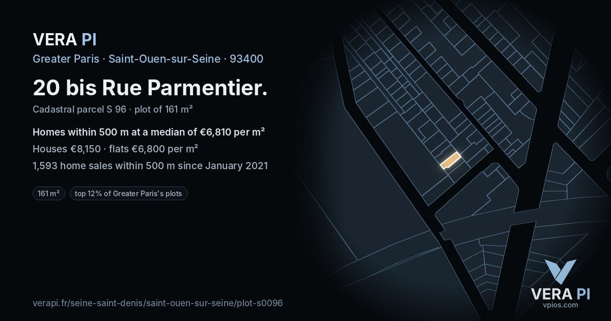 20 bis Rue Parmentier, Saint-Ouen-sur-Seine at night – the plot lit, the parcels around coloured by the prices near them