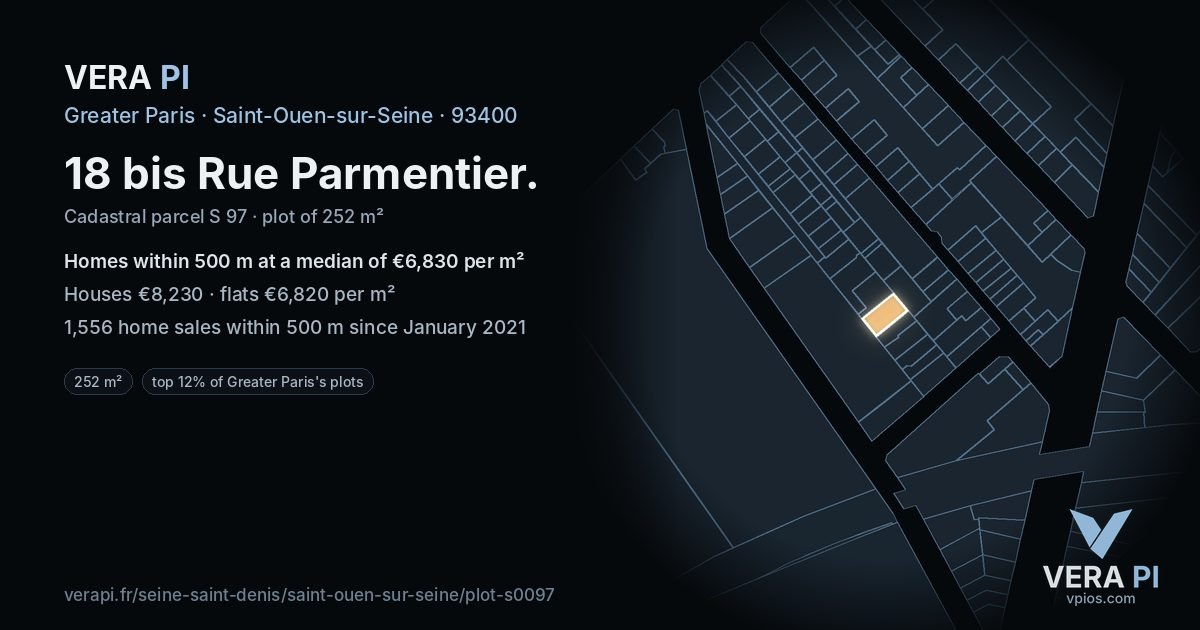 18 bis Rue Parmentier, Saint-Ouen-sur-Seine at night – the plot lit, the parcels around coloured by the prices near them