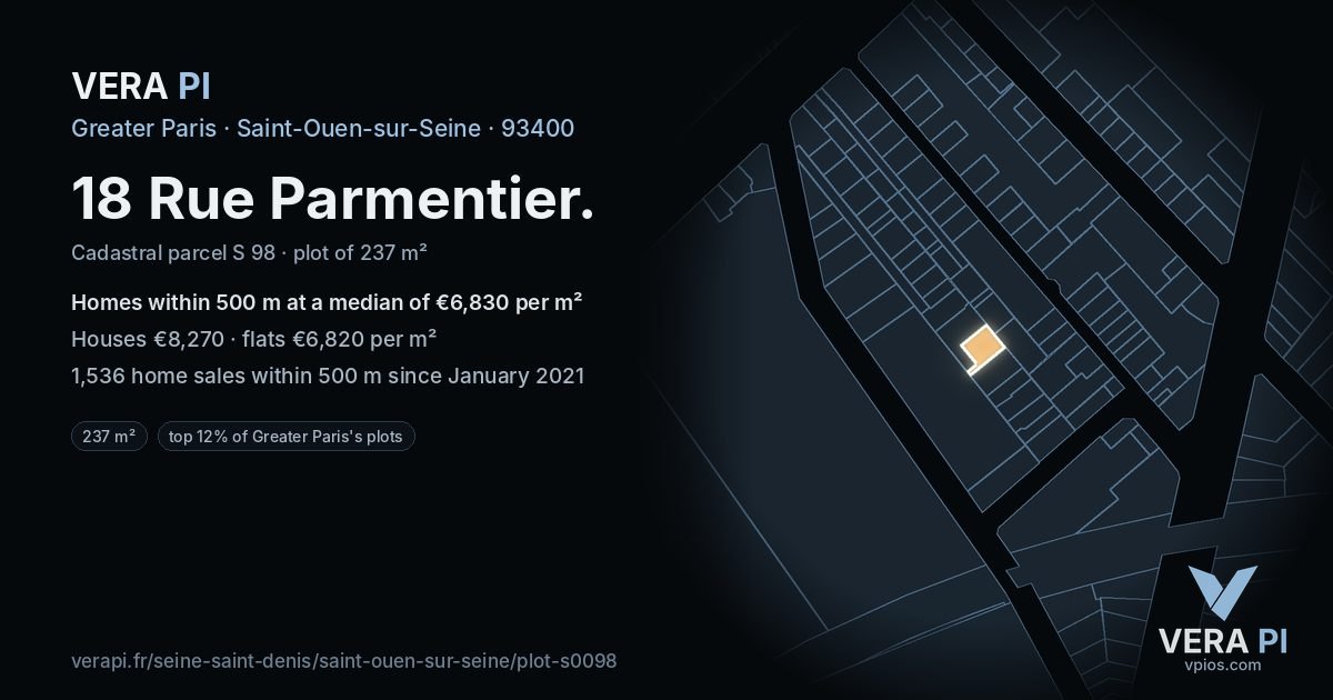 18 Rue Parmentier, Saint-Ouen-sur-Seine at night – the plot lit, the parcels around coloured by the prices near them