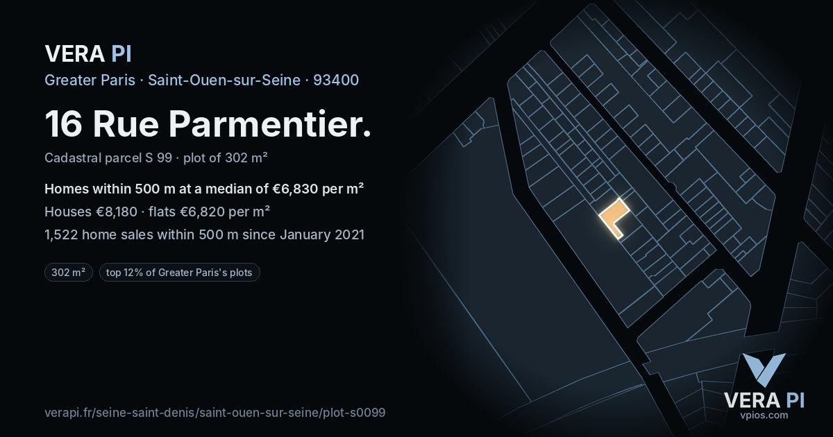 16 Rue Parmentier, Saint-Ouen-sur-Seine at night – the plot lit, the parcels around coloured by the prices near them