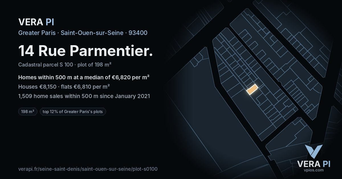 14 Rue Parmentier, Saint-Ouen-sur-Seine at night – the plot lit, the parcels around coloured by the prices near them