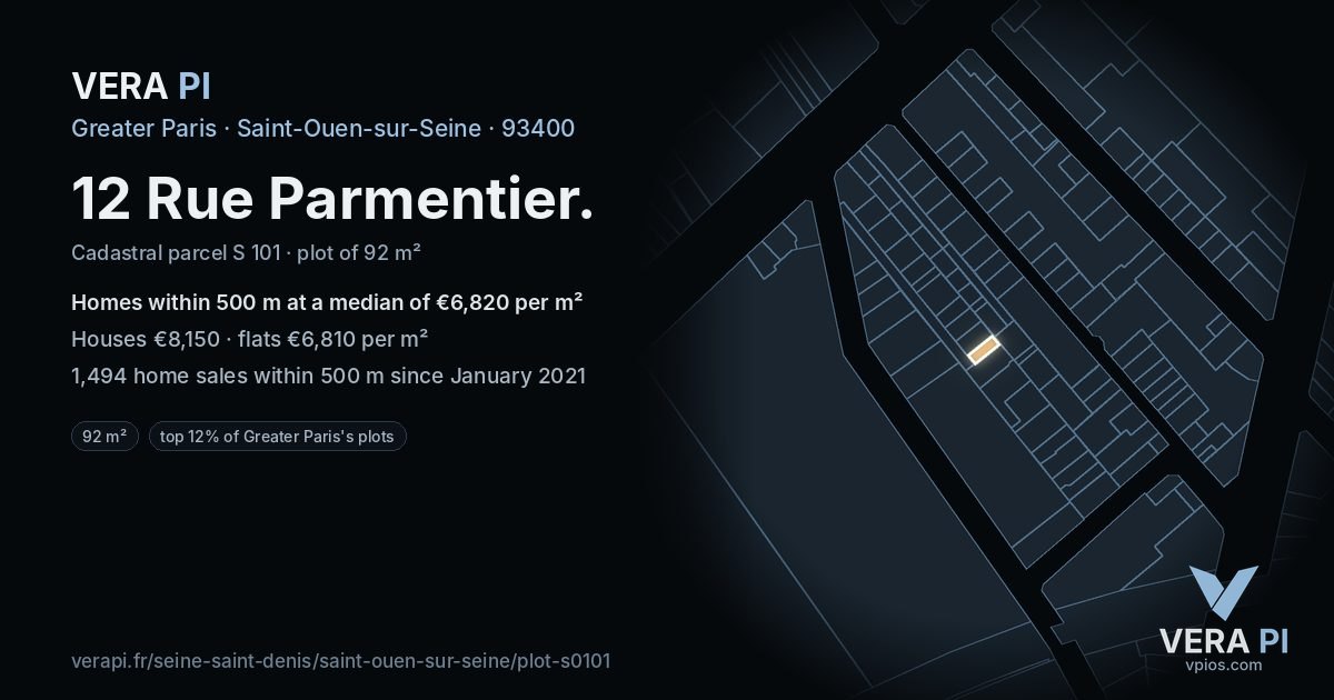 12 Rue Parmentier, Saint-Ouen-sur-Seine at night – the plot lit, the parcels around coloured by the prices near them