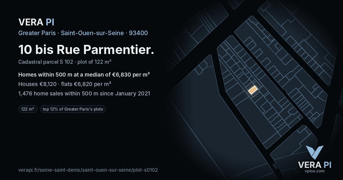 10 bis Rue Parmentier, Saint-Ouen-sur-Seine at night – the plot lit, the parcels around coloured by the prices near them