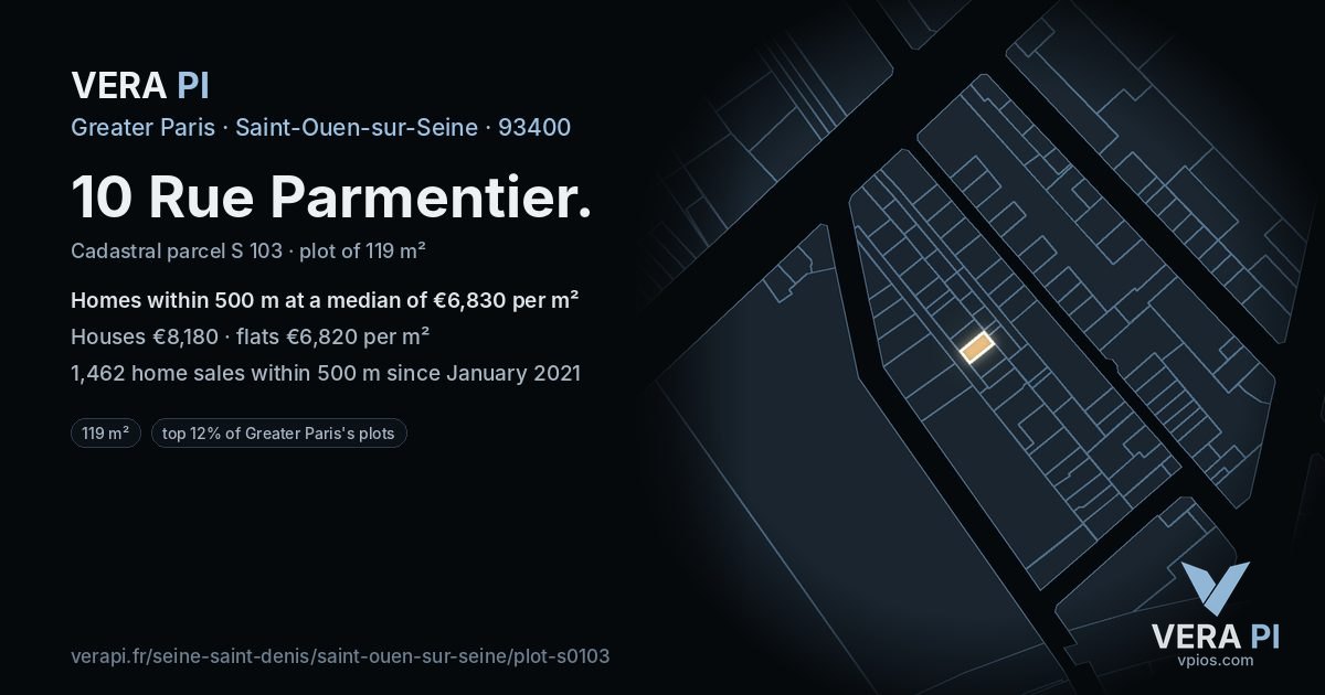 10 Rue Parmentier, Saint-Ouen-sur-Seine at night – the plot lit, the parcels around coloured by the prices near them