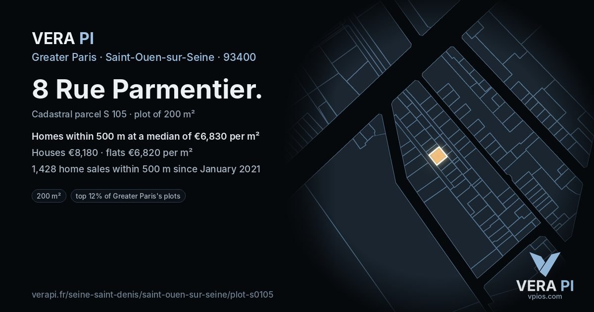 8 Rue Parmentier, Saint-Ouen-sur-Seine at night – the plot lit, the parcels around coloured by the prices near them