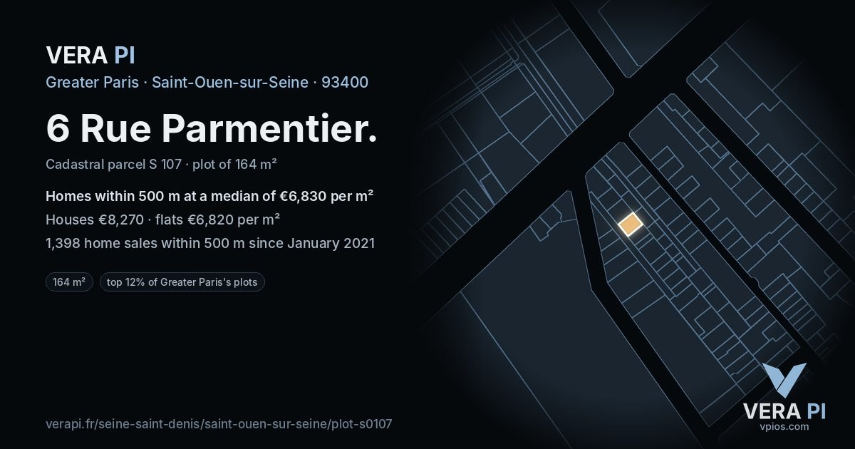 6 Rue Parmentier, Saint-Ouen-sur-Seine at night – the plot lit, the parcels around coloured by the prices near them