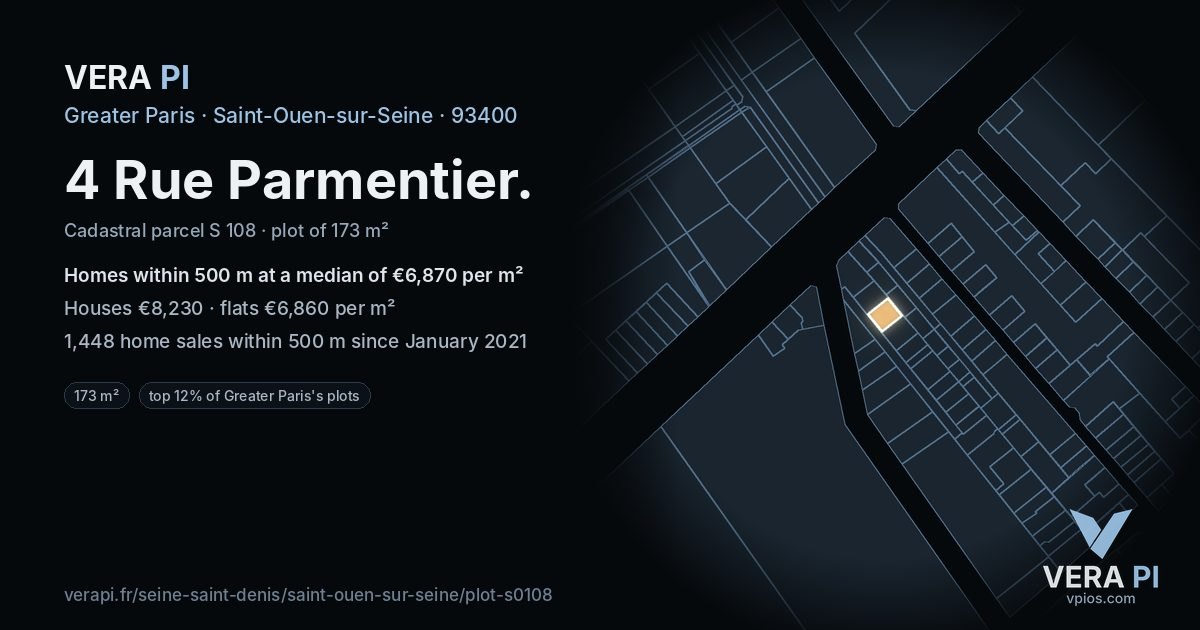 4 Rue Parmentier, Saint-Ouen-sur-Seine at night – the plot lit, the parcels around coloured by the prices near them