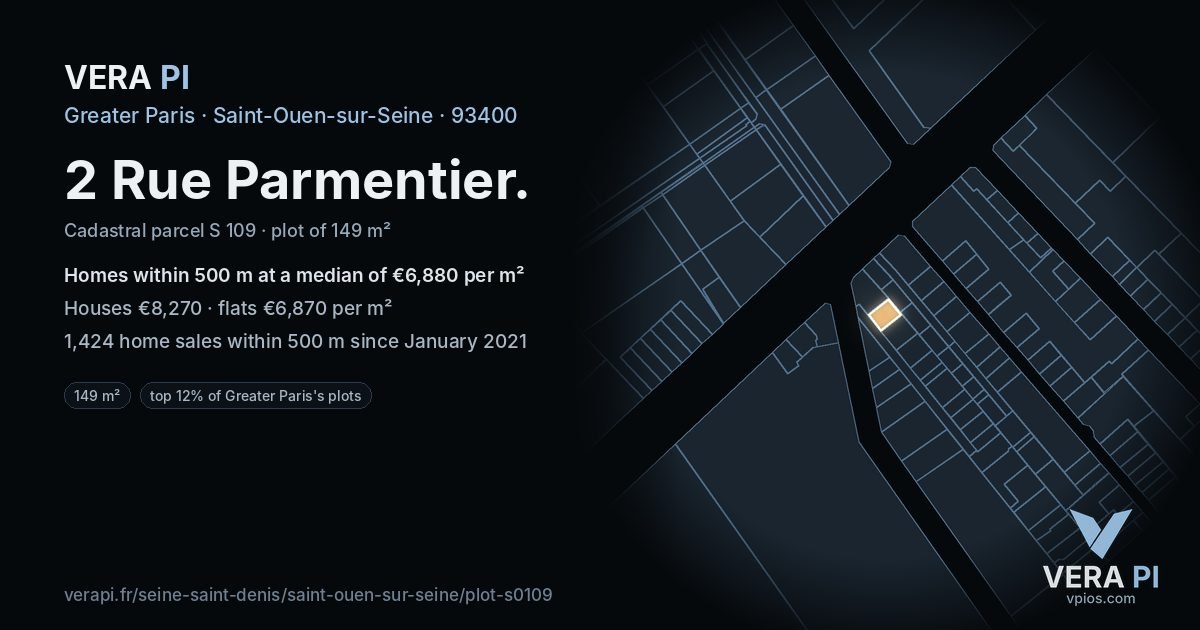 2 Rue Parmentier, Saint-Ouen-sur-Seine at night – the plot lit, the parcels around coloured by the prices near them