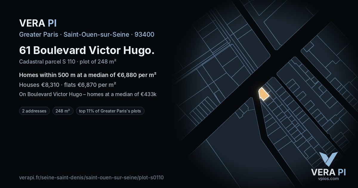 61 Boulevard Victor Hugo, Saint-Ouen-sur-Seine at night – the plot lit, the parcels around coloured by the prices near them