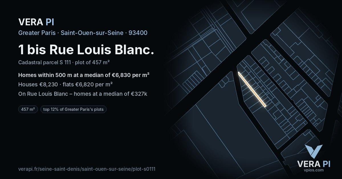 1 bis Rue Louis Blanc, Saint-Ouen-sur-Seine at night – the plot lit, the parcels around coloured by the prices near them