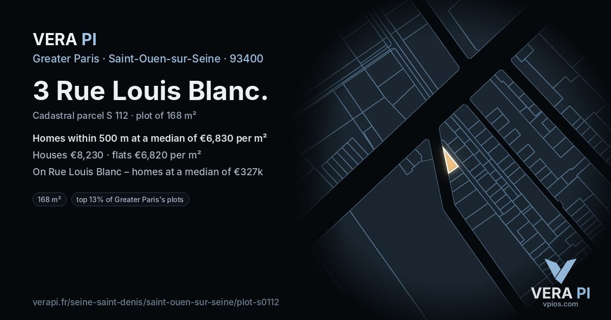 3 Rue Louis Blanc, Saint-Ouen-sur-Seine at night – the plot lit, the parcels around coloured by the prices near them